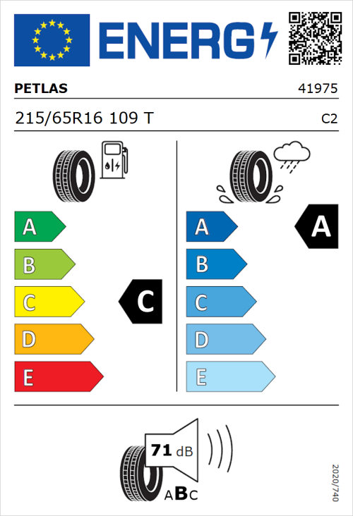 Tyre Label for Petlas Full Power PT835 215/65R16 109T
